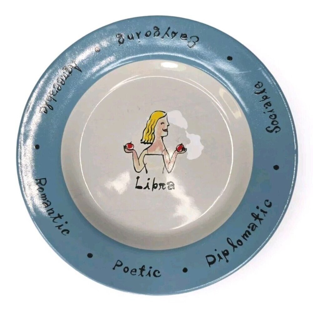 POTTERY BARN Ceramic Libra Zodiac What's Your Sign 8" Dessert Salad Plate Blue
